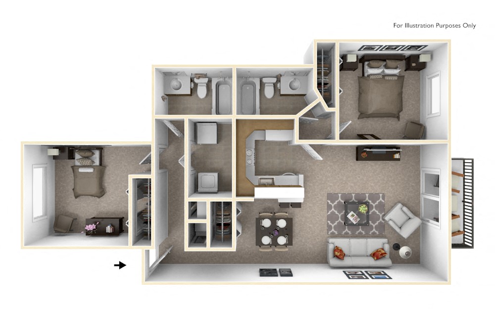 Floor plan for 2 beds, 2 baths, 1016 sqft